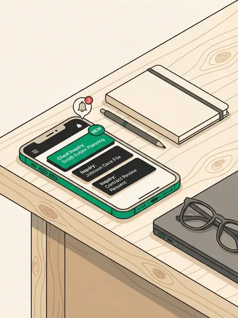 FirmFirst mobile dashboard showing instant inquiry notification on attorney desk with laptop and notebook